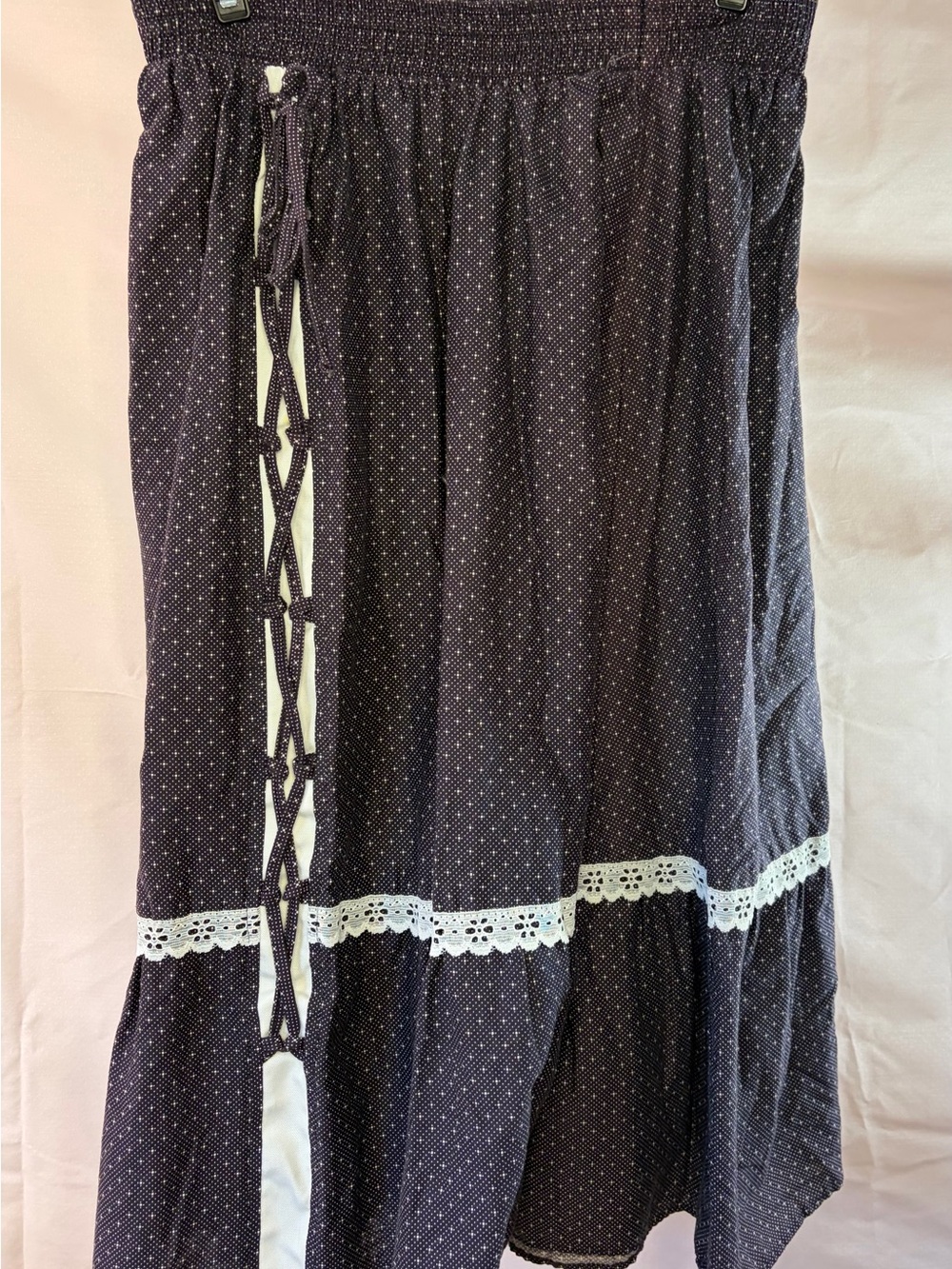Vintage Gunne Sax Navy Blue Skirt with Polka Dots and Lace Trim
